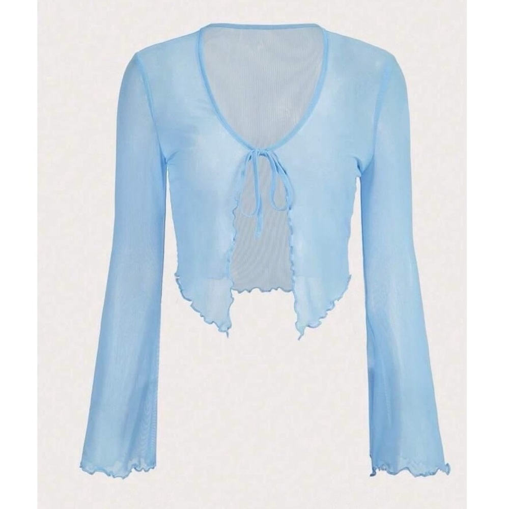 Blue sheer mesh tie front shrug